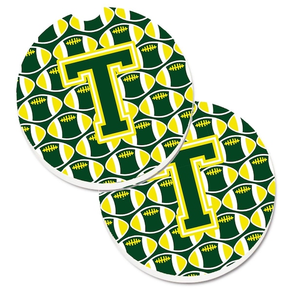 Carolines Treasures Letter T Football Green and Yellow Set of 2 Cup Holder Car Coaster CJ1075-TCARC - main